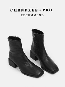 ผู้หญิง รองเท้าบูทเชลซีหัวเหลี่ยมสั้นส้นหนา นุ่ม หนัง ยืดได้ สไตล์เกาหลี ฤดูหนาว รองเท้าบูทแฟชั่นด้านข้าง ซิป ปิด