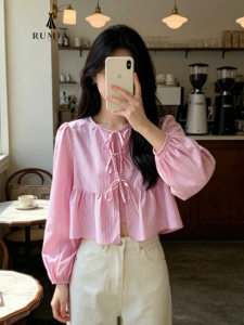 RUMIA Women Korean Style Bow Tie Stripe Blouse Long Sleeve Peplum Top Puff Sleeve Loose Fit Cute Casual Shirt Casual Korean Style Daily Wear Blouse Top