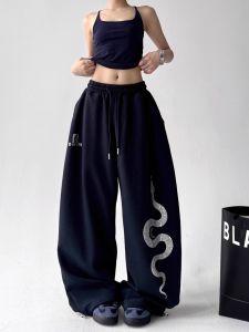 Retro American Womens Wide Leg Pants Printed Loose Fit Diamond Heat Transfer Casual Straight Tube Sweatpants High Waist Elastic Polyester