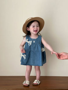 Cute Princess Style Denim Skirt Summer New Korean Version Baby Girls Vest Skirt without Sleeves Butterfly Knot Childrens Dress