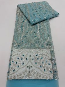 OLEVO | Teal Sequin Lace Fabric African Fabric Lace Wedding Dress 2026 Luxury Beaded Lace French Mesh Sequence for Party Dresses Sewing