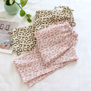 Japanese Style Leopard Print All Cotton Pajama Pants Womens Summer Thin Pure Cotton Double-Layer Gauze Leisure Pajamas Pants Spring & Fall Home Pants