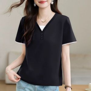 QIAOXIZI | Summer Two-Piece Short Sleeve T-Shirt V-Neck Fashionable Loose Slimming Youthful Womens T-Shirt