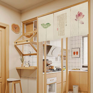 New Chinese Style Kitchen Door Curtain Partition Curtain Home Use No Punching Half Short Cloth Art Hanging Curtain Restaurant Restaurant