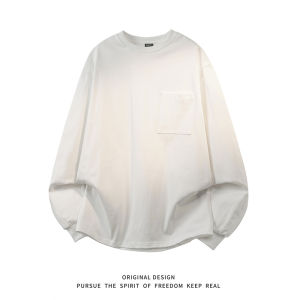 เสื้อยืดคอกลมแขนยาวผ้าฝ้ายแท้สำหรับผู้ชาย ทรงหลวมสบาย ๆ ทรงพอดีตัว ดีไซน์กระเป๋า ทรงพื้นฐาน ฤดูใบไม้ร่วง