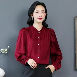 AMMIN 2025 Spring and Autumn new French light luxury dark jacquard stand collar long sleeve commuter chiffon shirt womans simple solid color lamp sleeve elegant blouse