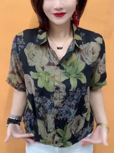 Summer Fashion Thin Womens Polo Collar Chiffon Shirt Loose Printed Breathable Sun Protection Meat Covering Stylish Top