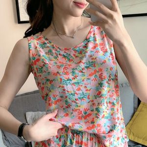 Artificial Silk Vest Womens Sleeveless Top Short Beach Vacation Inner Wear Outer Wear Floral Print Summer Sleepwear