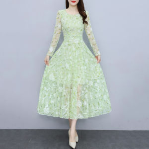 Impression Fashion Store Women Elegant Chiffon O-neck Long Sleeve Floral High Waist A-line Midi Pleated Dress