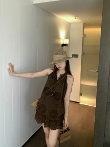 Womens Embroidered A-Line Short Skirt Set with V-Neck Vest And Belt Summer Fashion Breathable Cotton Two-Piece Suit