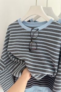 Winter New Style Korean Sea Salt Blue Collar Color Block Striped Womens Sweatshirt Soft round Neck Minnie Velvet Top