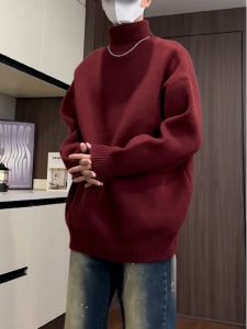 เสื้อสเวตเตอร์คอตั้งทรงหลวมสไตล์อเมริกันย้อนยุคสำหรับผู้ชาย ชุดกันหนาว ขนแกะ ถักนิตติ้ง เสื้อเชิ้ตแขนยาวแบบสวมหัว