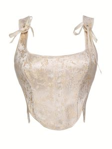 Womens Gold Jacquard Brocade Corset Bow Tie Wide Straps Square Neck Back Lace Up Vintage Court Style Bustier Top