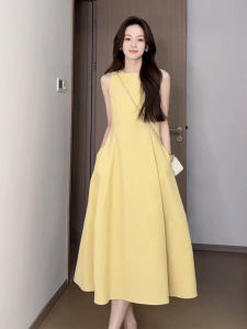 Dopamine Yellow Sleeveless Vest Strap Summer Dress Womens High Waist Slim Fit A-Line Fairy Skirt Cotton Blend Casual Wear
