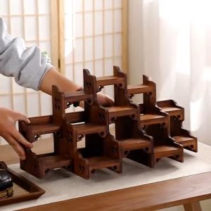 ชั้นวางของไม้จริงใส่ชุดน้ำชา ชั้นวางของ ชั้นวางกระถาง ชั้นวางชุดน้ำชา ของตกแต่ง ชั้นวางแคคตัส ชั้นวางต้นไม้เล็ก ไม้สักสีโอ๊ค