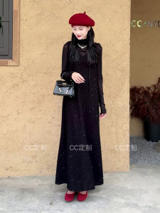 Retro High Neck Base Shirt Sequin Vest Dress Two Piece Set Womens Style Commute Element Pocket Fabric Other Long Sleeve Maxi Dress