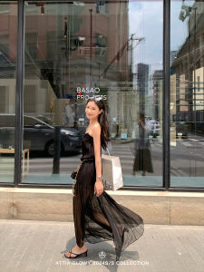 ชุดเดรสยาวผ้าตาข่ายสีดำใส่สบายสำหรับฤดูร้อน ชุดเดรสยาวคลุมเข่าสำหรับผู้หญิง ชุดเดรสแขนกุดแบบลำลอง ชุดเดรสแขนกุด