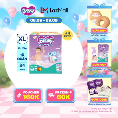 [QUÀ MỚI] [0H 15.9 - 17.9] Tã/bỉm quần Bobby 3mm Mega Jumbo Siêu khô thoáng XL84