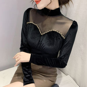 Yimei Áo len mặc lót Nhung vàng mùa thu và mùa đông Áo Thun Dài Tay Lưới phối cảnh gợi cảm mới màu đen phía trên nửa cổ cao bó sát