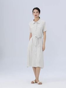 9878 One Size (45-75kg) Sanzhai Summer Short Sleeve Pleated Shirt Dress Waist-Tight Lightly Mature