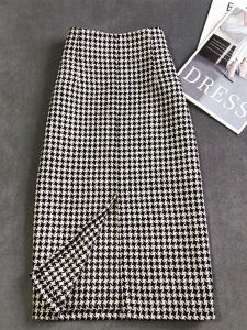 Fall and Winter New Arrival over-the-Knee Skirt Houndstooth Mid Length Long Length High Waist Bodycon Dress Silm Slim Looking Slit Skirt Female Half-Length