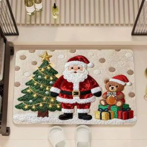 VIKAMA Santa Reindeer Bath Mat Red Green Stripe Print Absorbent Non Slip Bath Rug For Bathroom Floor Christmas Decor
