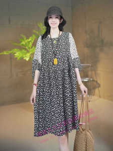 Summer New Style Slimming Floral Fashion Dress Cover Belly Loose plus Size Elegant Splicing Midi Skirt Commute Regular Sleeve
