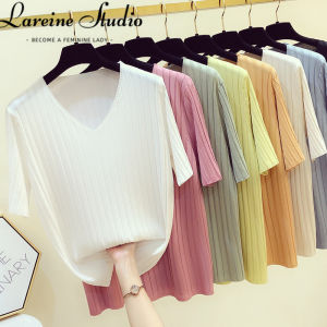 LAREINE Ice silk short sleeve tshirt for women Korean casual style solid color V-neck T-shirt top women