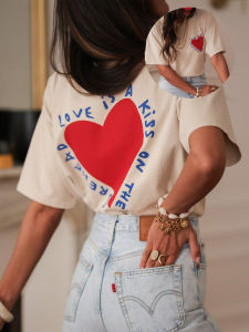 Sanrio | Women Casual Crew Neck Short Sleeve Geometric Heart Print Regular All-Season Comfort Tee for Casual Attire Aesthetic Clothes