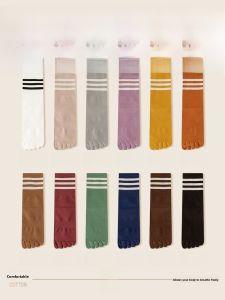 JINGCHI | Antibacterial Pure Cotton Five-Finger Yoga Socks Womens Mid-Calf Separate Toe Sports socks Spring Autumn Style Simple Striped