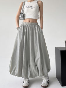 Berkeley Womens Summer Thin Grey Design Sense Puffy Flower Bud Pleated Lantern Half-length Skirt High Waist Long Skirt