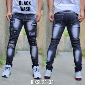 Celana Jeans Sobek Pria Panjang Emblem Stretch Melar Denim Tebal Slimfit Skinny Size 28-33