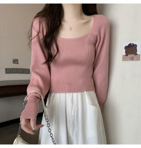 Grace_Chili J136#เสื้อไหมพรมแขนยาว คอเหลี่ยมดีเทล ผ้าร่องจั้มแขน ยืดได้ผ้านิ่มใส่สบายสไตล์มินิมอล