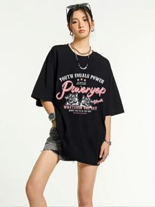 T-Shirt Wanita Hitam Lengan Pendek - Motif Bunga Mawar & Huruf Aesthetic Katun Premium Bernapas Tren 2025