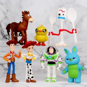 Bandai | 7 Pcs/Set Toy Story 4 Action Figures Woody Jessie Bullseye Buzz Lightyear Plastic Fork PVC Model Collection Gift Toy