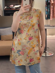 QINGNAER | Chinese Style Floral Contrasted Asymmetrical Front with Chinese Button Slit Sleeveless Summer Blouse