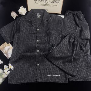 Ice Silk Sleepwear Set Mens Summer Short Sleeve Three-Piece Fashionable Handsome Black Letter Home Clothes Set Polyester Fiber Lightweight