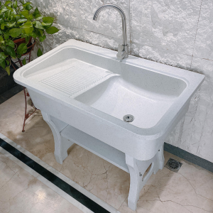 Quartz Stone Laundry Sink Integrated Outdoor Bathroom Sink with Scrub Board Courtyard Water Pool Single Hole Faucet Opening