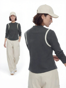Linen Blend Colorblock Short Long Sleeve Women T Shirt