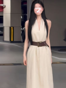 Elegant French Style Off-White V-Neck Dress Hanging Neck Line Waist-Cinching Summer 2025 New Collection Beautiful A-Line Skirt