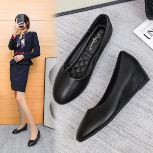 Comfortable Work Shoes Womens round Toe Wedge Heel Black Professional Workwear Summer New Style Leather Single Shoes Women