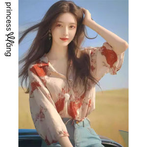 WANGGONGZHU | Floral Print Chiffon Casual Shirt Women Summer 2025 New French Style Elegant Fashion Slimming Design Princess Cut V-neck Top