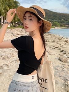 เสื้อยืดแขนสั้นคอเหลี่ยมสีดำเซ็กซี่สำหรับผู้หญิงในช่วงฤดูร้อน เสื้อผ้าทำงานทรงเข้ารูป เสื้อผ้าทำงานแขนสั้นผ้าฝ้ายผสม