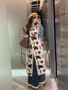 การ์ตูน แมวถัก เสื้อกั๊ก เดรส ผู้หญิง หลวม Fit ฐานชั้นยาว เดรส ฤดูใบไม้ร่วง ฤดูหนาว สไตล์ใหม่ Vintage Retro พรางหุ่น เดรส