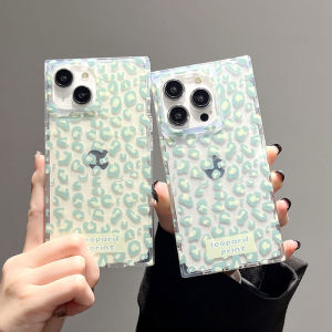 Green Leopard Print Illustration Phone Case for 15Promax 14Pro Square Design Full Cover Personality Protection Shell