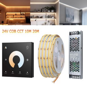 Kit 10M 20M COB CCT LED Strip 24V Flexible High Density Dimmable Room Light Touch Panel Remote Controller Dual White 2700K-6500K