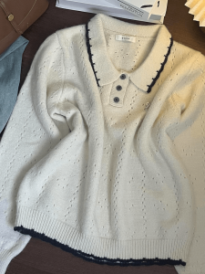 Korean Style Doll Square Collar Long Sleeve Single Button Hollow out Womens Autumn 2025 New Pure Casual Simple French Style Knitted Sweater