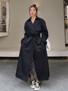 Retro Korean Style Long Black Over-Knee Ankle-Length Coat Large Size Fashionable Outerwear for Women up to 200 Pounds