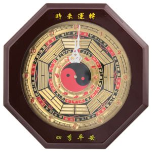 Wooden Tai Chi Eight Trigrams Clock Living Room Decorative Hanging Clock Antique Style Battery Operated round Shape Clock
