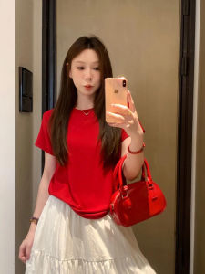 Red round Neck Pure Cotton Short Sleeve T-Shirt Womens Summer Loose Fit Slimming Trendy Top Korean Style Creative Print